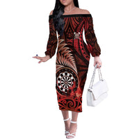 Personalised New Zealand Darts Off The Shoulder Long Sleeve Dress Maori Koru Dartboard Red Flame
