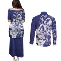 Guam Chief Quipuha Couples Matching Puletasi and Long Sleeve Button Shirt Polynesian Pattern With Guasali Flowers
