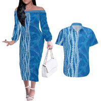 Hawaii Prince Kuhio Couples Matching Off The Shoulder Long Sleeve Dress and Hawaiian Shirt Blue Hawaiian Lau Maia With Leis