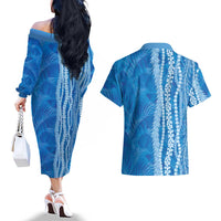 Hawaii Prince Kuhio Couples Matching Off The Shoulder Long Sleeve Dress and Hawaiian Shirt Blue Hawaiian Lau Maia With Leis