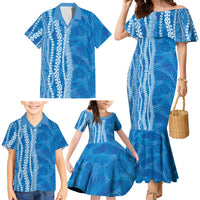 Hawaii Prince Kuhio Family Matching Mermaid Dress and Hawaiian Shirt Blue Hawaiian Lau Maia With Leis