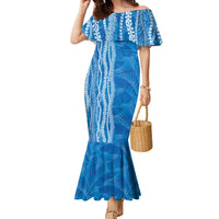 Hawaii Prince Kuhio Family Matching Mermaid Dress and Hawaiian Shirt Blue Hawaiian Lau Maia With Leis