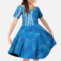 Hawaii Prince Kuhio Family Matching Short Sleeve Bodycon Dress and Hawaiian Shirt Blue Hawaiian Lau Maia With Leis
