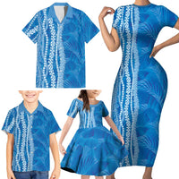 Hawaii Prince Kuhio Family Matching Short Sleeve Bodycon Dress and Hawaiian Shirt Blue Hawaiian Lau Maia With Leis