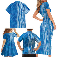 Hawaii Prince Kuhio Family Matching Short Sleeve Bodycon Dress and Hawaiian Shirt Blue Hawaiian Lau Maia With Leis