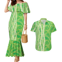 Hawaii Prince Kuhio Couples Matching Mermaid Dress and Hawaiian Shirt Lime Green Hawaiian Lau Maia With Leis