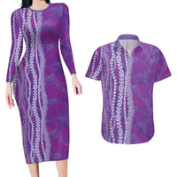 Hawaii Prince Kuhio Couples Matching Long Sleeve Bodycon Dress and Hawaiian Shirt Violet Hawaiian Lau Maia With Leis