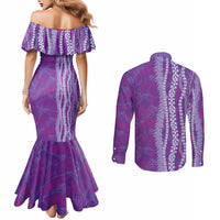 Hawaii Prince Kuhio Couples Matching Mermaid Dress and Long Sleeve Button Shirt Violet Hawaiian Lau Maia With Leis