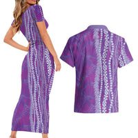 Hawaii Prince Kuhio Couples Matching Short Sleeve Bodycon Dress and Hawaiian Shirt Violet Hawaiian Lau Maia With Leis