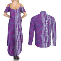 Hawaii Prince Kuhio Couples Matching Summer Maxi Dress and Long Sleeve Button Shirt Violet Hawaiian Lau Maia With Leis