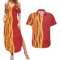 Hawaii Prince Kuhio Couples Matching Summer Maxi Dress and Hawaiian Shirt Red Hawaiian Lau Maia With Leis