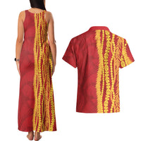 Hawaii Prince Kuhio Couples Matching Tank Maxi Dress and Hawaiian Shirt Red Hawaiian Lau Maia With Leis