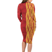 Hawaii Prince Kuhio Family Matching Long Sleeve Bodycon Dress and Hawaiian Shirt Red Hawaiian Lau Maia With Leis