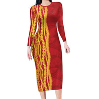 Hawaii Prince Kuhio Long Sleeve Bodycon Dress Red Hawaiian Lau Maia With Leis