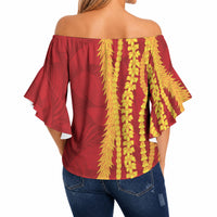Hawaii Prince Kuhio Off Shoulder Wrap Waist Top Red Hawaiian Lau Maia With Leis LT05 - Polynesian Pride
