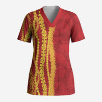 Hawaii Prince Kuhio Scrub Top Red Hawaiian Lau Maia With Leis