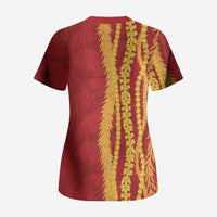 Hawaii Prince Kuhio Scrub Top Red Hawaiian Lau Maia With Leis
