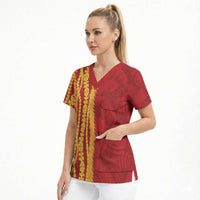 Hawaii Prince Kuhio Scrub Top Red Hawaiian Lau Maia With Leis
