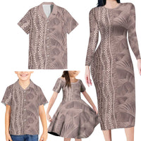 Hawaii Prince Kuhio Family Matching Long Sleeve Bodycon Dress and Hawaiian Shirt Mocha Hawaiian Lau Maia With Leis