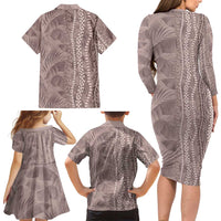 Hawaii Prince Kuhio Family Matching Long Sleeve Bodycon Dress and Hawaiian Shirt Mocha Hawaiian Lau Maia With Leis