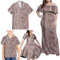Hawaii Prince Kuhio Family Matching Off Shoulder Maxi Dress and Hawaiian Shirt Mocha Hawaiian Lau Maia With Leis