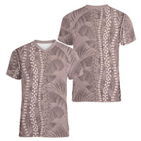 Hawaii Prince Kuhio Women V-Neck T-Shirt Mocha Hawaiian Lau Maia With Leis