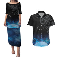 New Zealand Matariki Couples Matching Puletasi and Hawaiian Shirt Pleiades Star Cluster Blue Galaxy