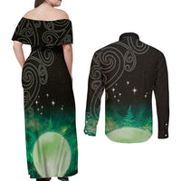 New Zealand Matariki Couples Matching Off Shoulder Maxi Dress and Long Sleeve Button Shirt Pleiades Star Cluster Green Galaxy