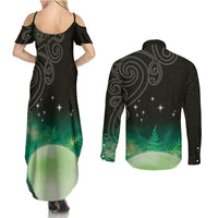 New Zealand Matariki Couples Matching Summer Maxi Dress and Long Sleeve Button Shirt Pleiades Star Cluster Green Galaxy