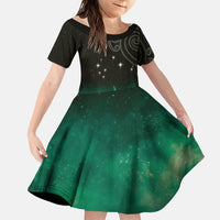 New Zealand Matariki Family Matching Off The Shoulder Long Sleeve Dress and Hawaiian Shirt Pleiades Star Cluster Green Galaxy