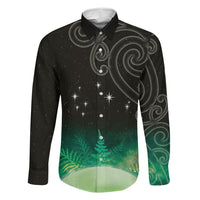 New Zealand Matariki Family Matching Off The Shoulder Long Sleeve Dress and Hawaiian Shirt Pleiades Star Cluster Green Galaxy