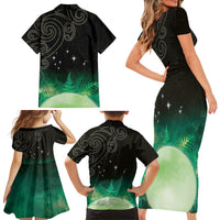 New Zealand Matariki Family Matching Short Sleeve Bodycon Dress and Hawaiian Shirt Pleiades Star Cluster Green Galaxy