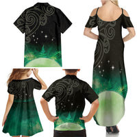 New Zealand Matariki Family Matching Summer Maxi Dress and Hawaiian Shirt Pleiades Star Cluster Green Galaxy