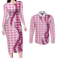 Pink Hawaii Palaka Couples Matching Long Sleeve Bodycon Dress and Long Sleeve Button Shirt Hawaiian Honohono Lei