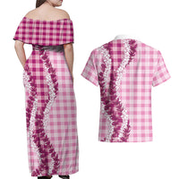 Pink Hawaii Palaka Couples Matching Off Shoulder Maxi Dress and Hawaiian Shirt Hawaiian Honohono Lei