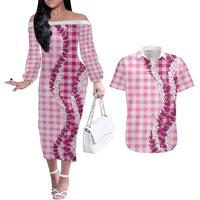 Pink Hawaii Palaka Couples Matching Off The Shoulder Long Sleeve Dress and Hawaiian Shirt Hawaiian Honohono Lei