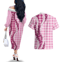 Pink Hawaii Palaka Couples Matching Off The Shoulder Long Sleeve Dress and Hawaiian Shirt Hawaiian Honohono Lei