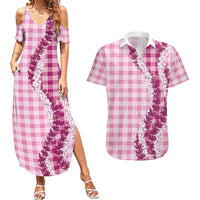 Pink Hawaii Palaka Couples Matching Summer Maxi Dress and Hawaiian Shirt Hawaiian Honohono Lei