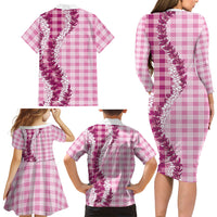 Pink Hawaii Palaka Family Matching Long Sleeve Bodycon Dress and Hawaiian Shirt Hawaiian Honohono Lei