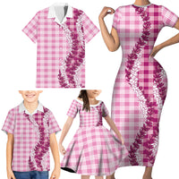 Pink Hawaii Palaka Family Matching Short Sleeve Bodycon Dress and Hawaiian Shirt Hawaiian Honohono Lei