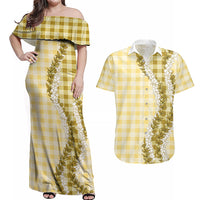 Yellow Hawaii Palaka Couples Matching Off Shoulder Maxi Dress and Hawaiian Shirt Hawaiian Honohono Lei