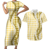 Yellow Hawaii Palaka Couples Matching Short Sleeve Bodycon Dress and Hawaiian Shirt Hawaiian Honohono Lei