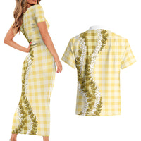 Yellow Hawaii Palaka Couples Matching Short Sleeve Bodycon Dress and Hawaiian Shirt Hawaiian Honohono Lei