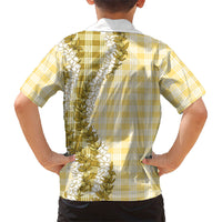 Yellow Hawaii Palaka Family Matching Off The Shoulder Long Sleeve Dress and Hawaiian Shirt Hawaiian Honohono Lei