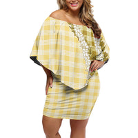 Yellow Hawaii Palaka Family Matching Off Shoulder Short Dress and Hawaiian Shirt Hawaiian Honohono Lei
