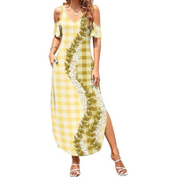 Yellow Hawaii Palaka Family Matching Summer Maxi Dress and Hawaiian Shirt Hawaiian Honohono Lei