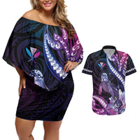 Hawaiian Monk Seal Couples Matching Off Shoulder Short Dress and Hawaiian Shirt Kakau Tribal Pattern Violet Gradient LT05 Violet - Polynesian Pride