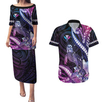 Hawaiian Monk Seal Couples Matching Puletasi and Hawaiian Shirt Kakau Tribal Pattern Violet Gradient