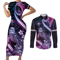 Hawaiian Monk Seal Couples Matching Short Sleeve Bodycon Dress and Long Sleeve Button Shirt Kakau Tribal Pattern Violet Gradient LT05 Violet - Polynesian Pride