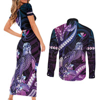 Hawaiian Monk Seal Couples Matching Short Sleeve Bodycon Dress and Long Sleeve Button Shirt Kakau Tribal Pattern Violet Gradient LT05 - Polynesian Pride